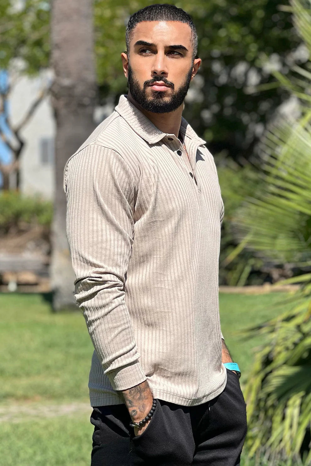 The Leadership Ribbed Beige Collared Long-Sleeve Shirt