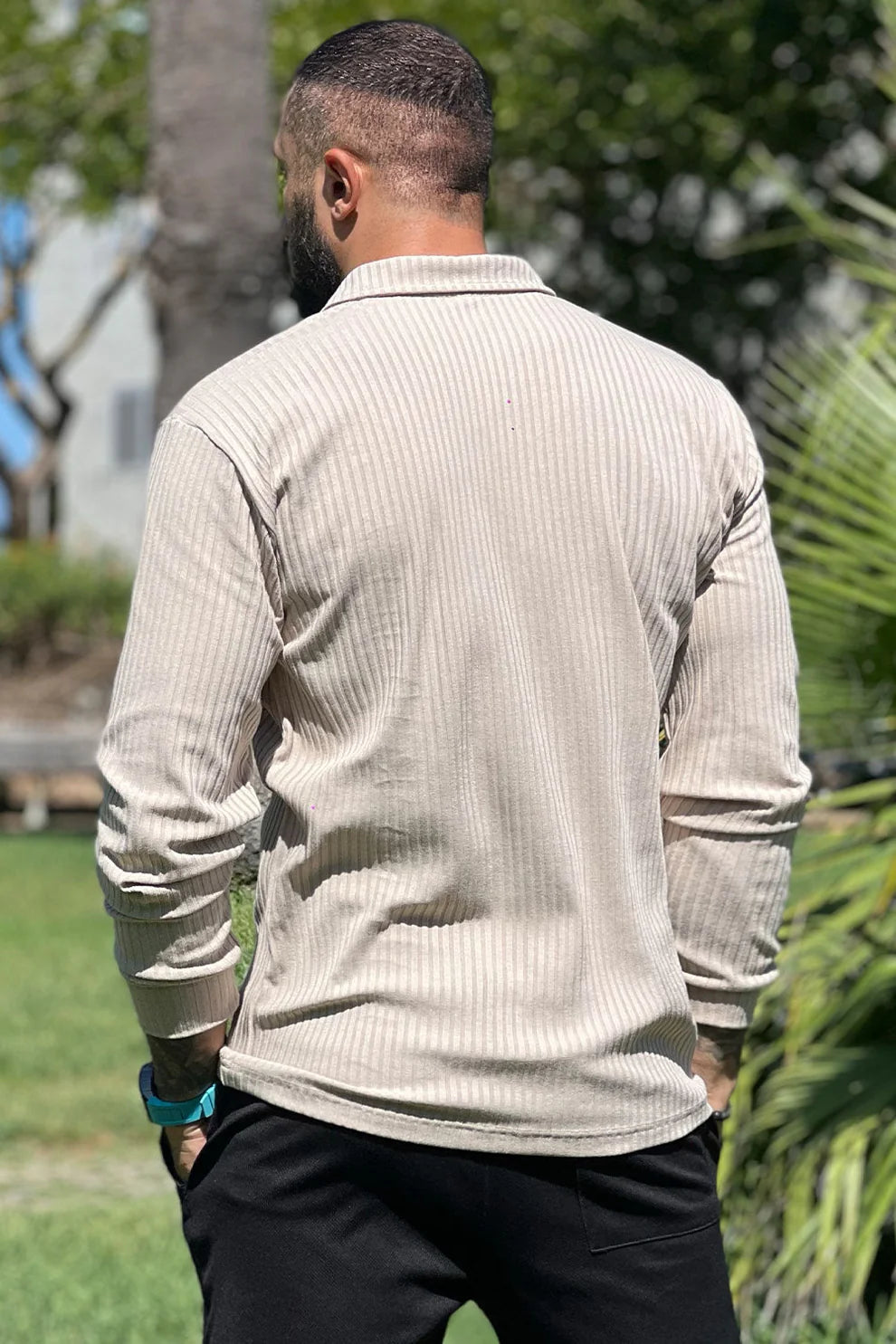 The Leadership Ribbed Beige Collared Long-Sleeve Shirt