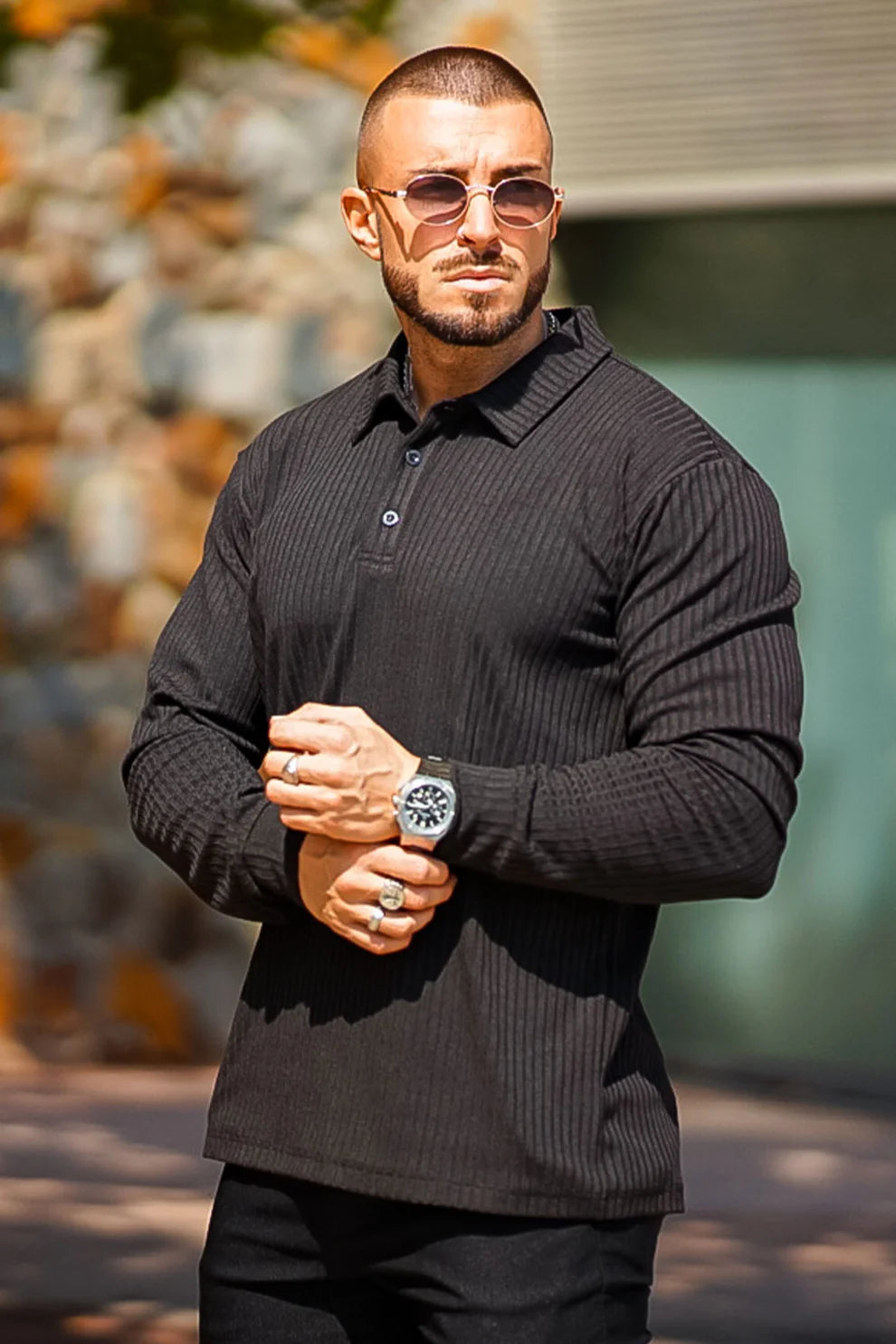 The Leadership Ribbed Black Long-Sleeve Polo