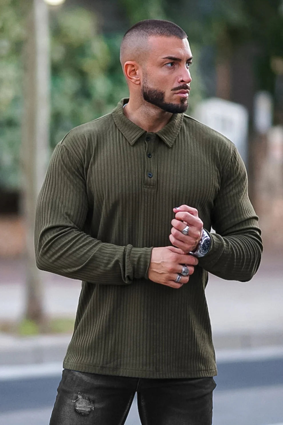 The Leadership Ribbed Olive Long-Sleeve Polo