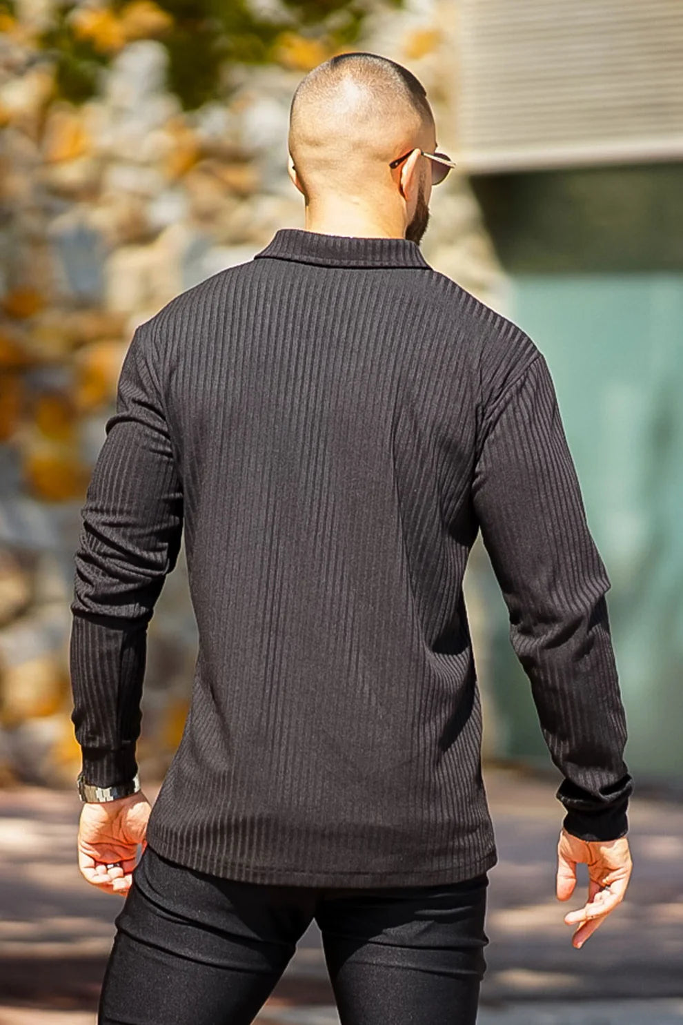 The Leadership Ribbed Black Long-Sleeve Polo