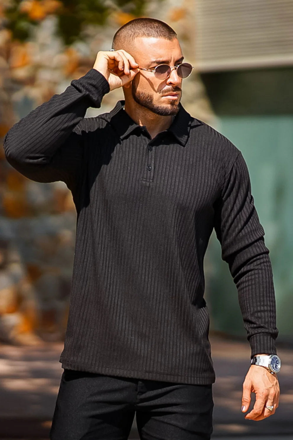 The Leadership Ribbed Black Long-Sleeve Polo