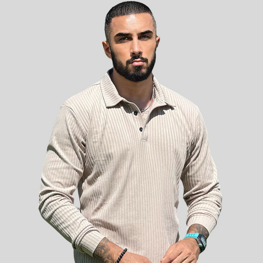 The Leadership Ribbed Beige Collared Long-Sleeve Shirt