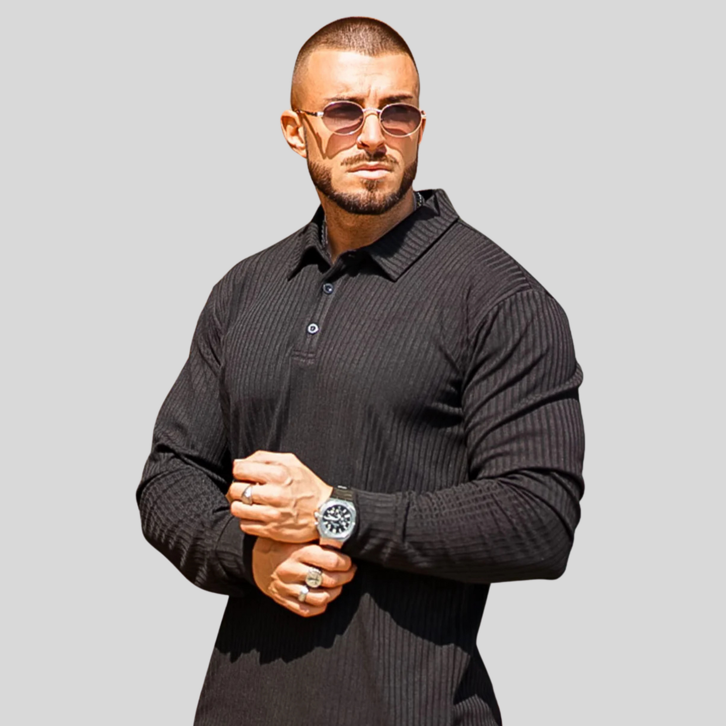 The Leadership Ribbed Black Long-Sleeve Polo