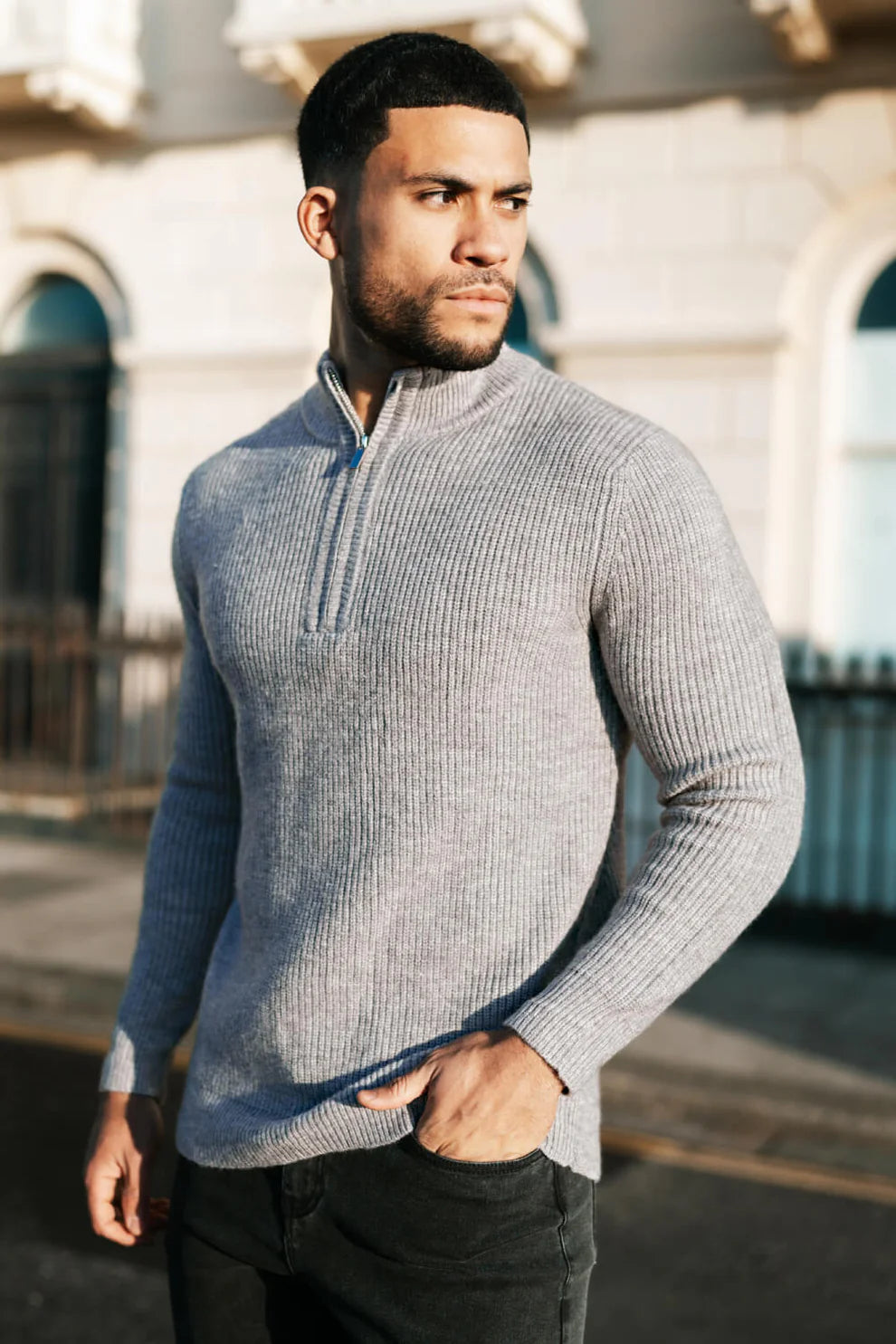 The Leadership Grey Quarter-Zip Ribbed Sweater