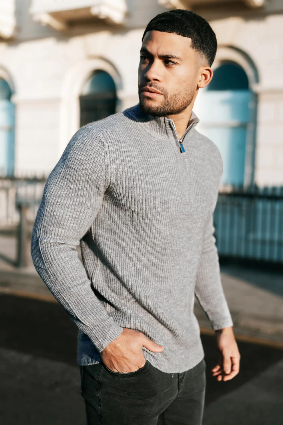 The Leadership Grey Quarter-Zip Ribbed Sweater