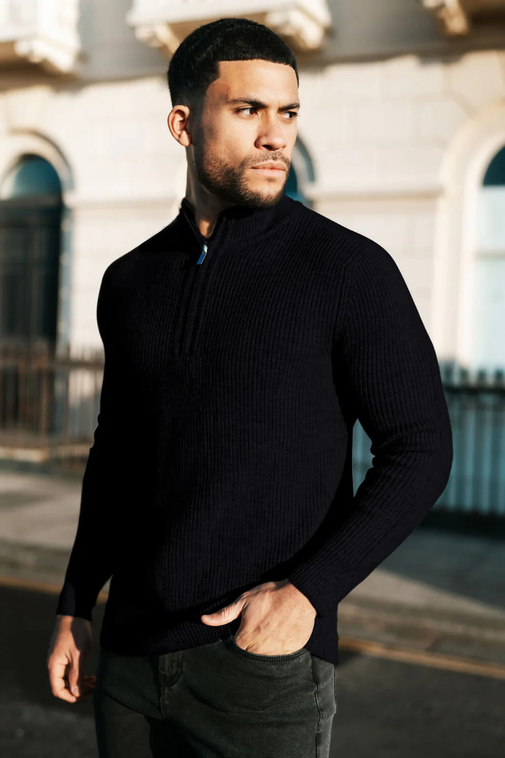 The Leadership Black Quarter-Zip Ribbed Sweater