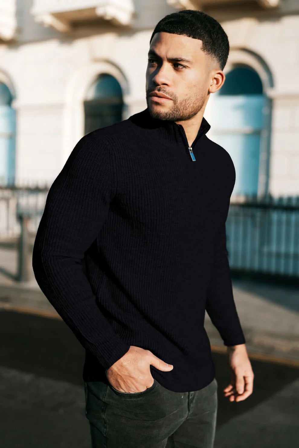 The Leadership Black Quarter-Zip Ribbed Sweater