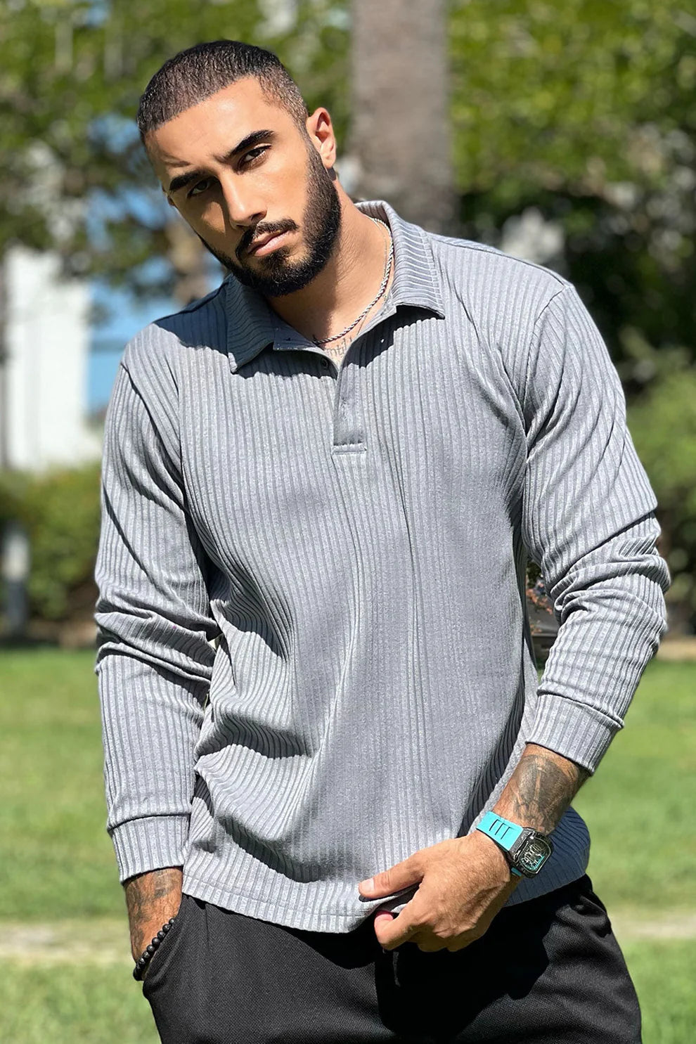 The Leadership Ribbed Grey Collared Long-Sleeve Shirt