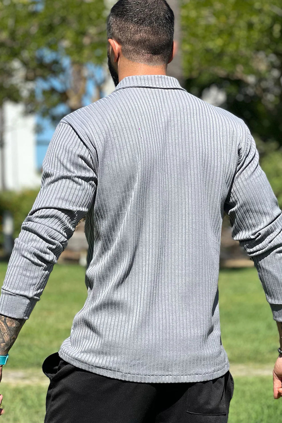 The Leadership Ribbed Grey Collared Long-Sleeve Shirt