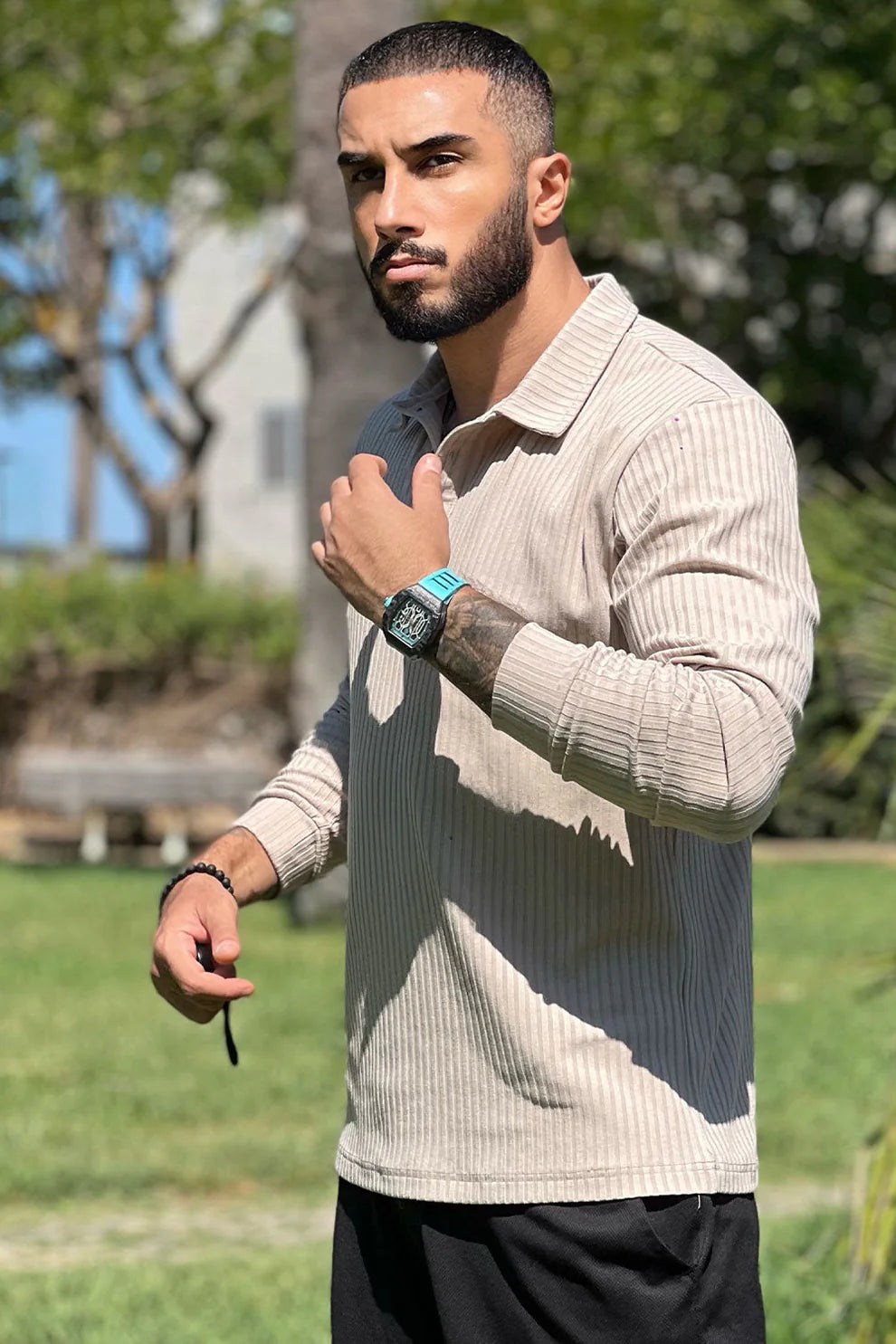 The Leadership Ribbed Beige Collared Long-Sleeve Shirt